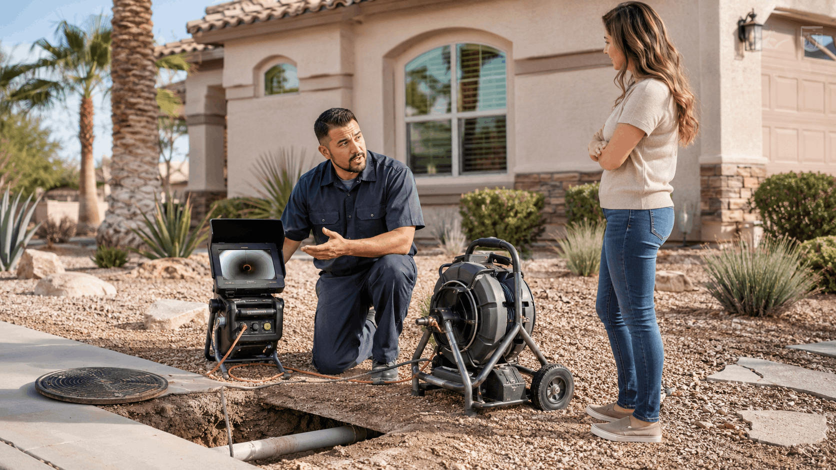 Plumber showing sewer camera inspection results to Las Vegas homeowner outside