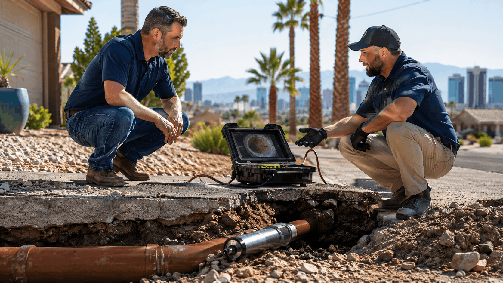 Two plumbers using camera inspection equipment on exposed sewer pipes in Las Vegas