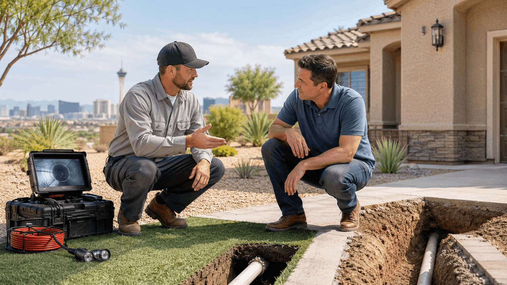 Las Vegas plumber showing homeowner sewer camera inspection results near excavated pipes