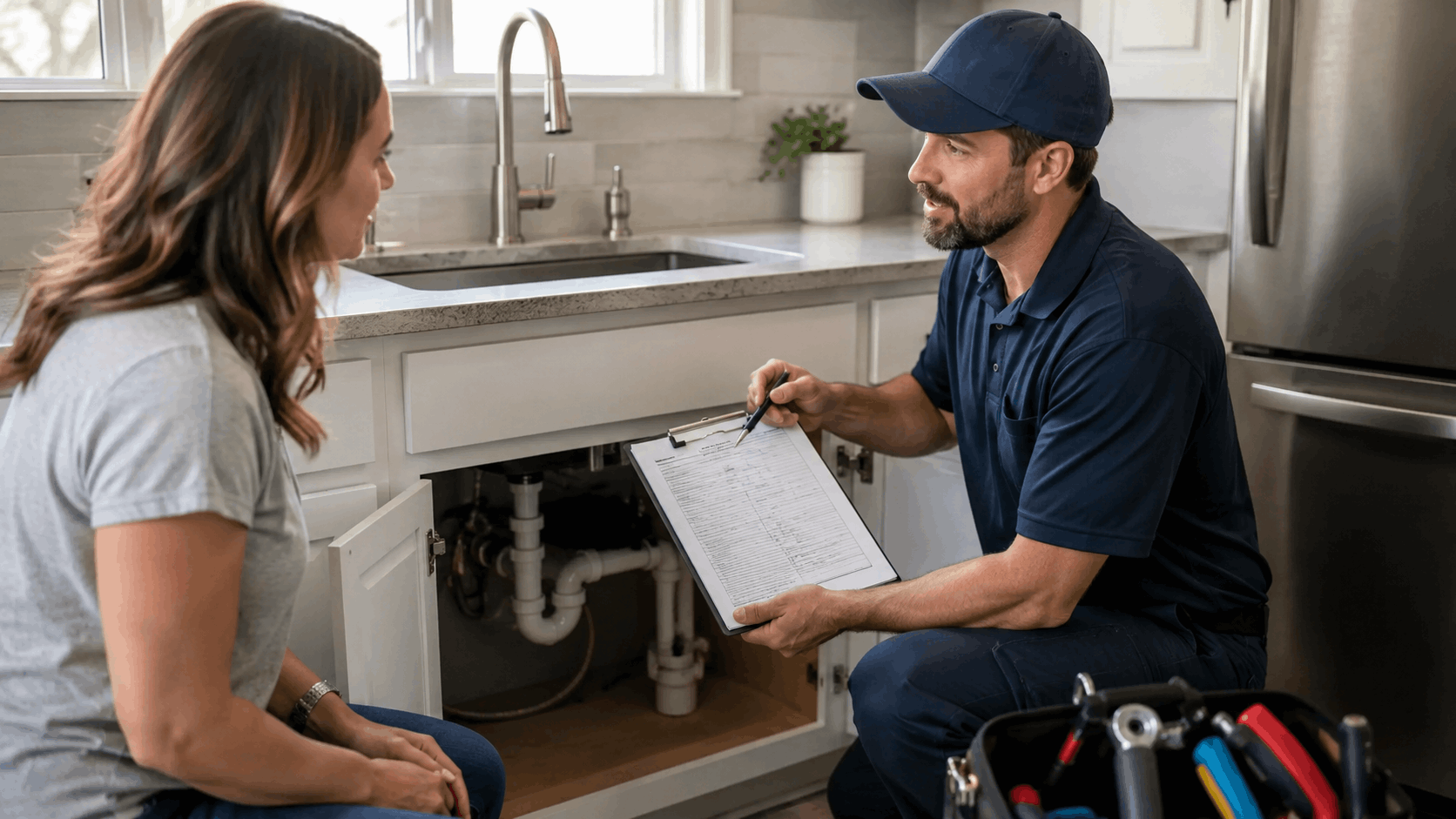 Plumber showing clipboard estimate to homeowner beside open kitchen sink cabinet