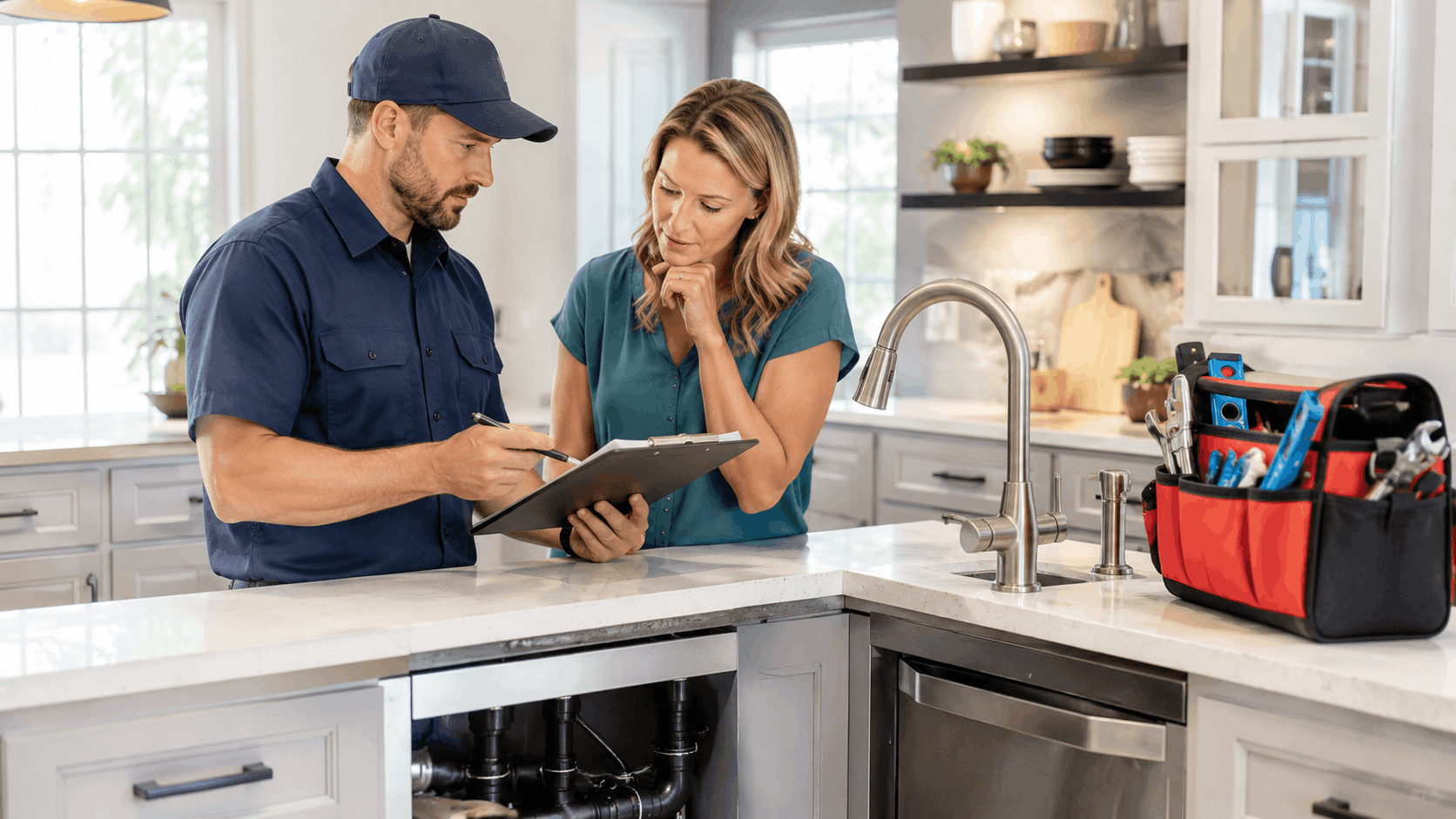 Plumber reviewing repair estimate with homeowner at kitchen sink in Las Vegas