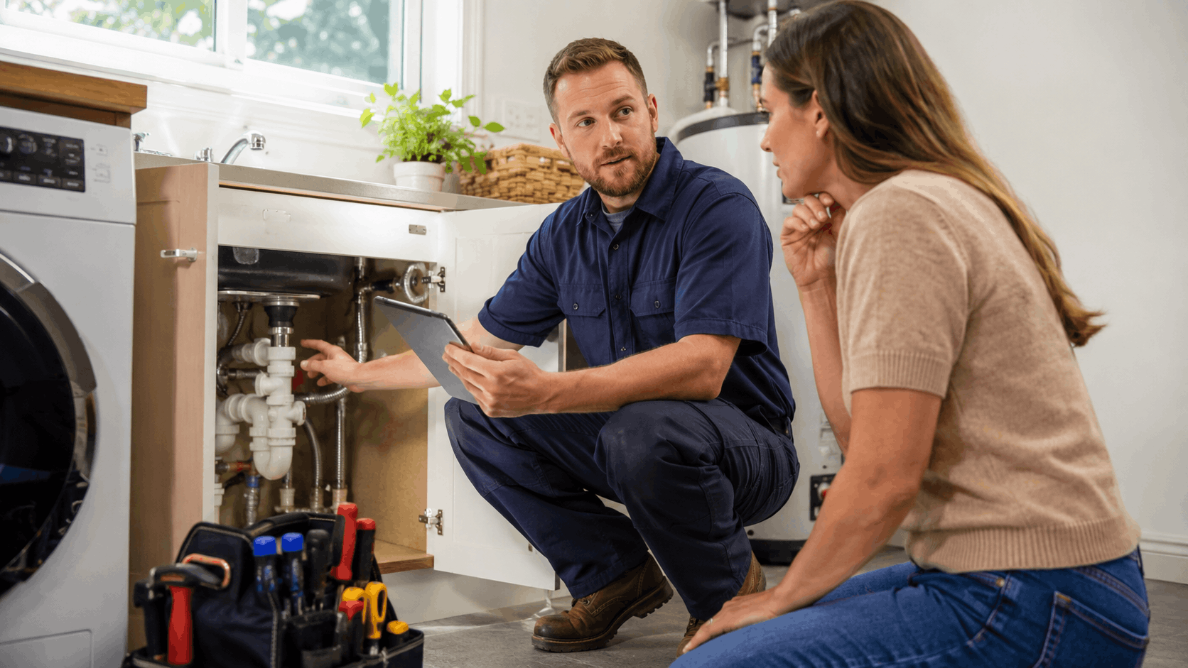 Plumber showing homeowner under-sink plumbing pipes during Las Vegas inspection consultation