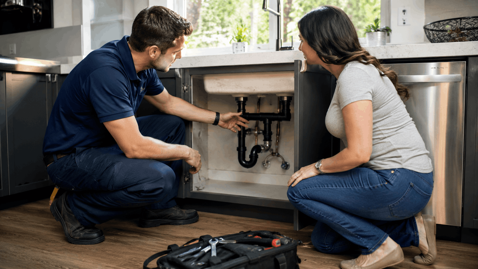 Licensed plumber explaining under-sink pipe issue to Las Vegas homeowner in modern kitchen