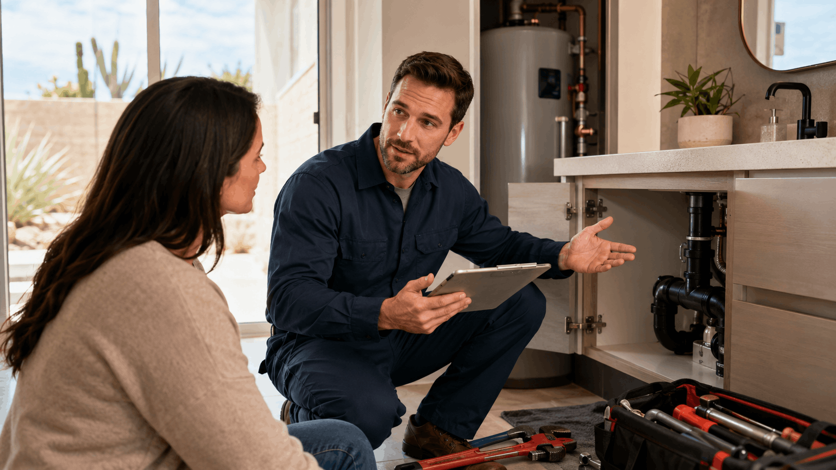 Las Vegas plumber explaining under-sink pipe issues to homeowner using tablet