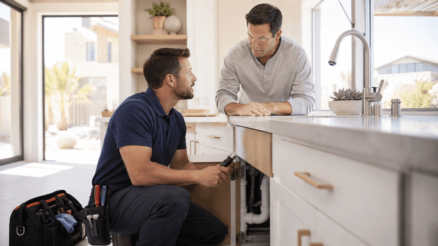 Las Vegas plumber inspecting under-sink pipes while homeowner watches in modern kitchen