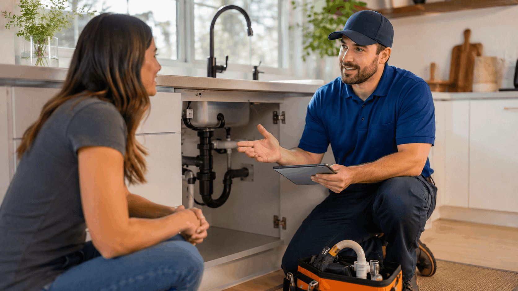 Plumber explaining sink pipe issue to homeowner during kitchen plumbing inspection consultation