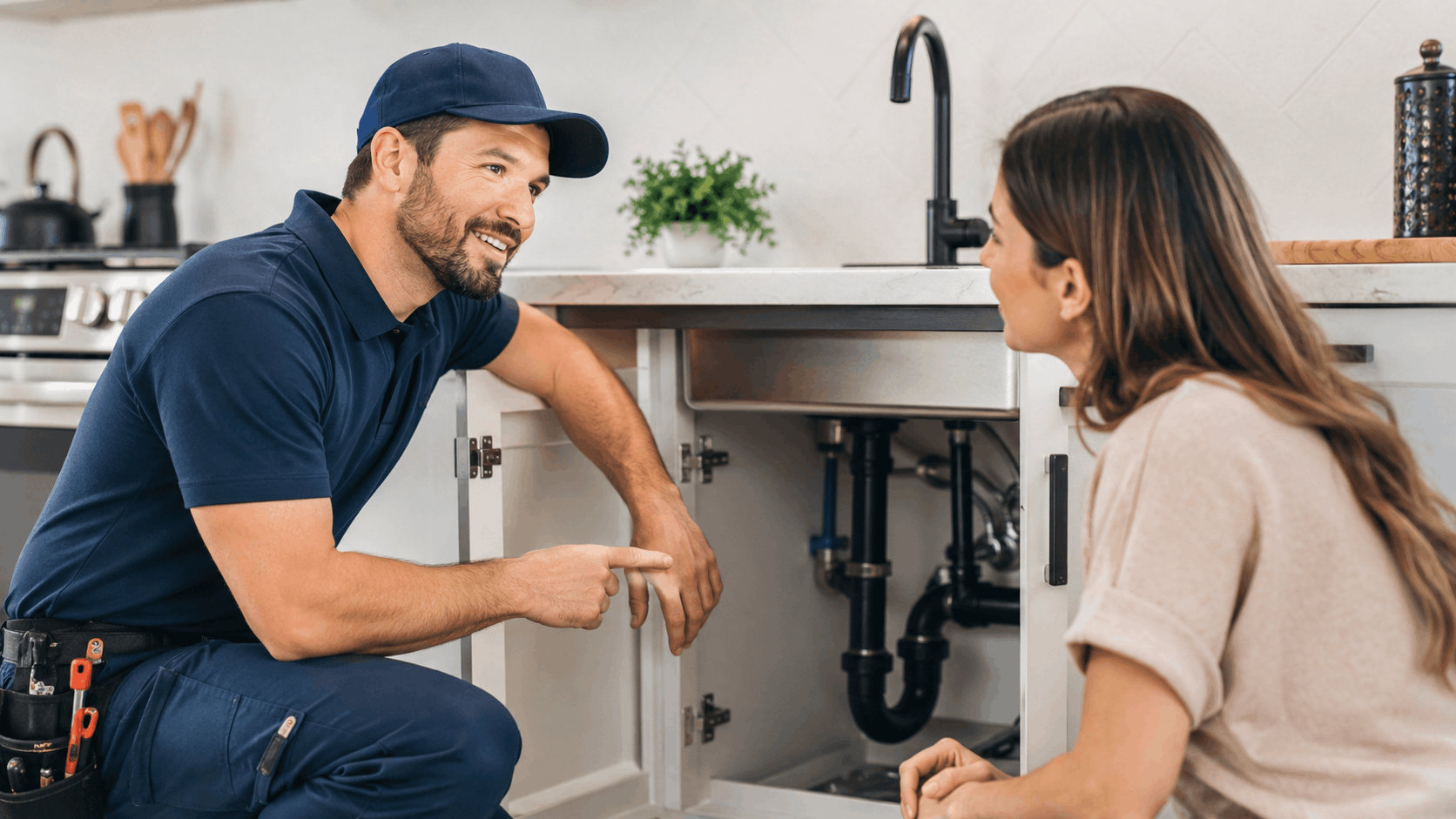 Smiling plumber explaining under-sink pipe issues to Las Vegas homeowner in kitchen