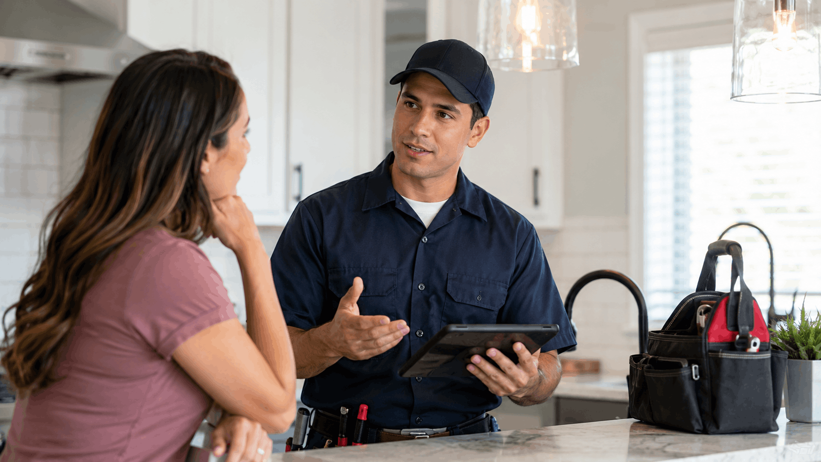 Las Vegas plumber reviewing tablet with homeowner during preventive plumbing consultation in kitchen