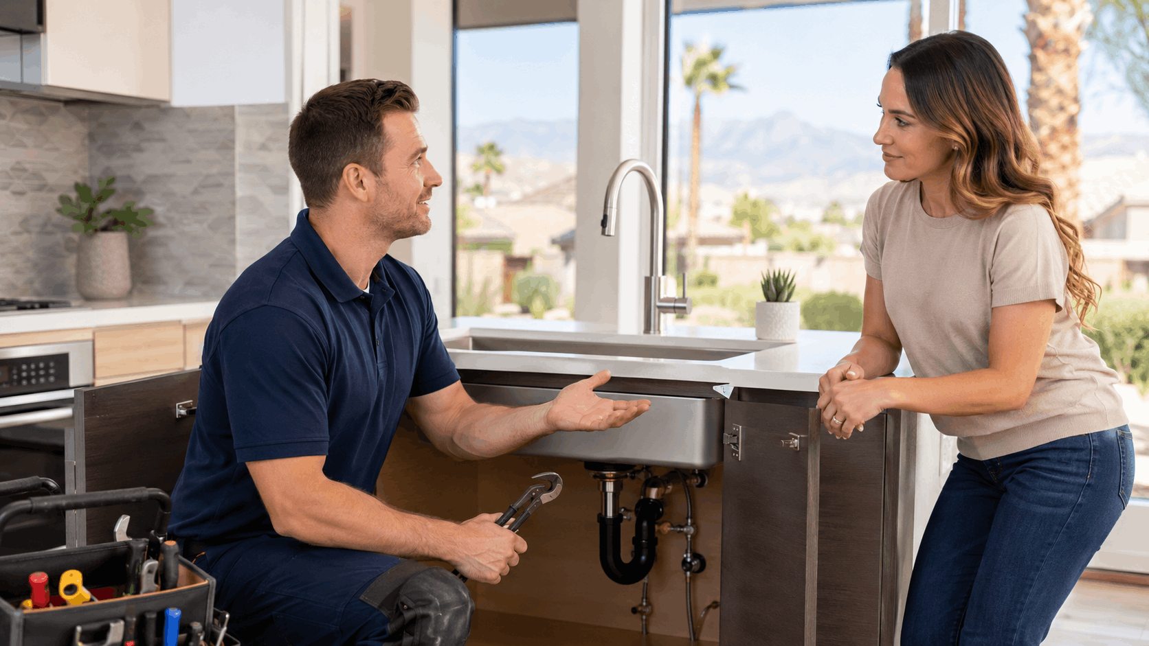 Las Vegas plumber kneeling under kitchen sink explaining repair to homeowner