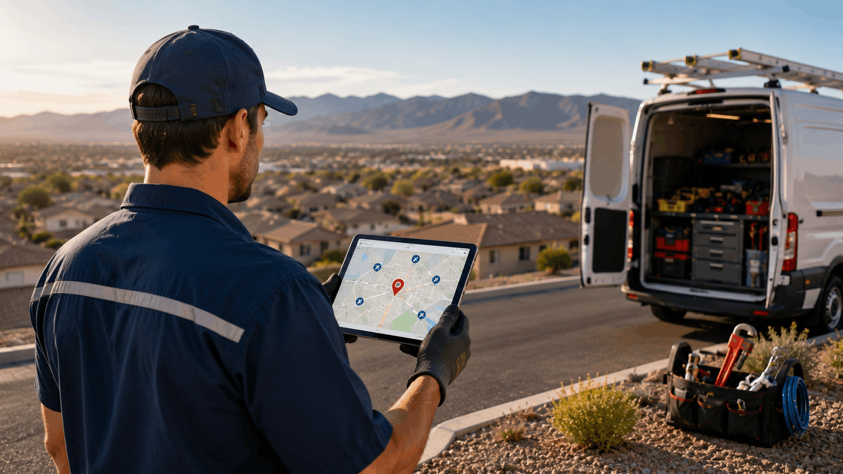 Plumber reviewing digital service coverage map on tablet beside fully stocked work van