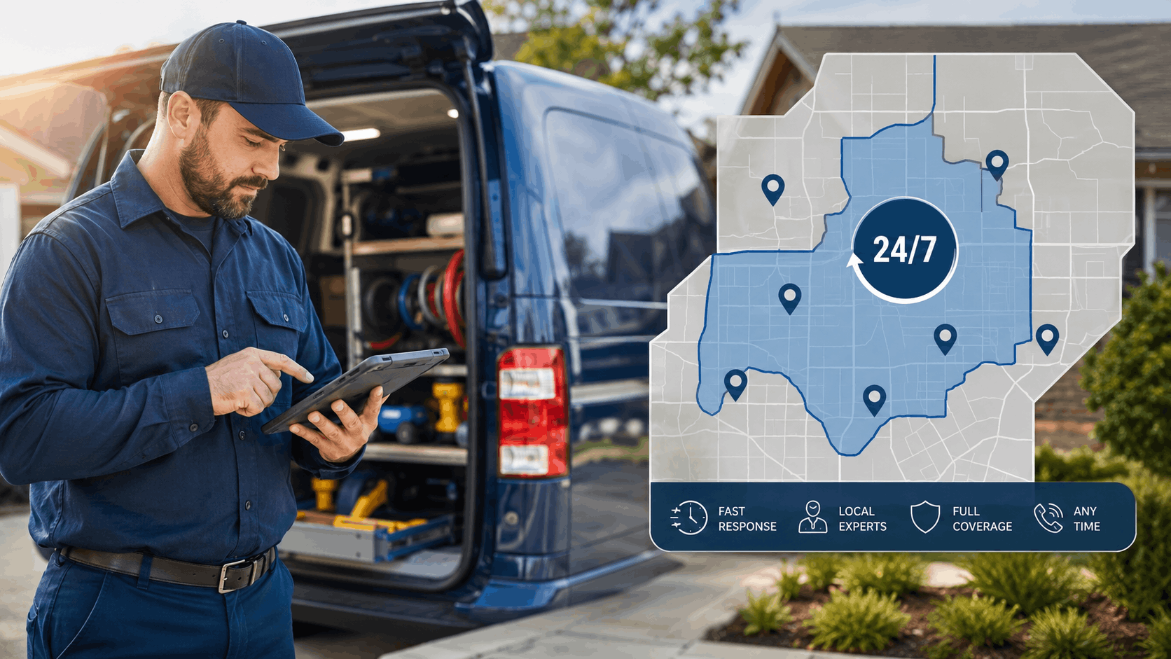 Las Vegas plumber with tablet beside service van showing 24/7 coverage map