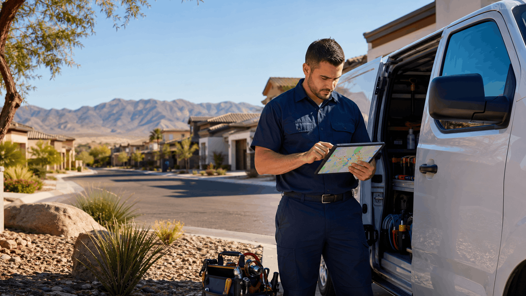 Plumber reviewing digital map on tablet beside service van in Las Vegas neighborhood