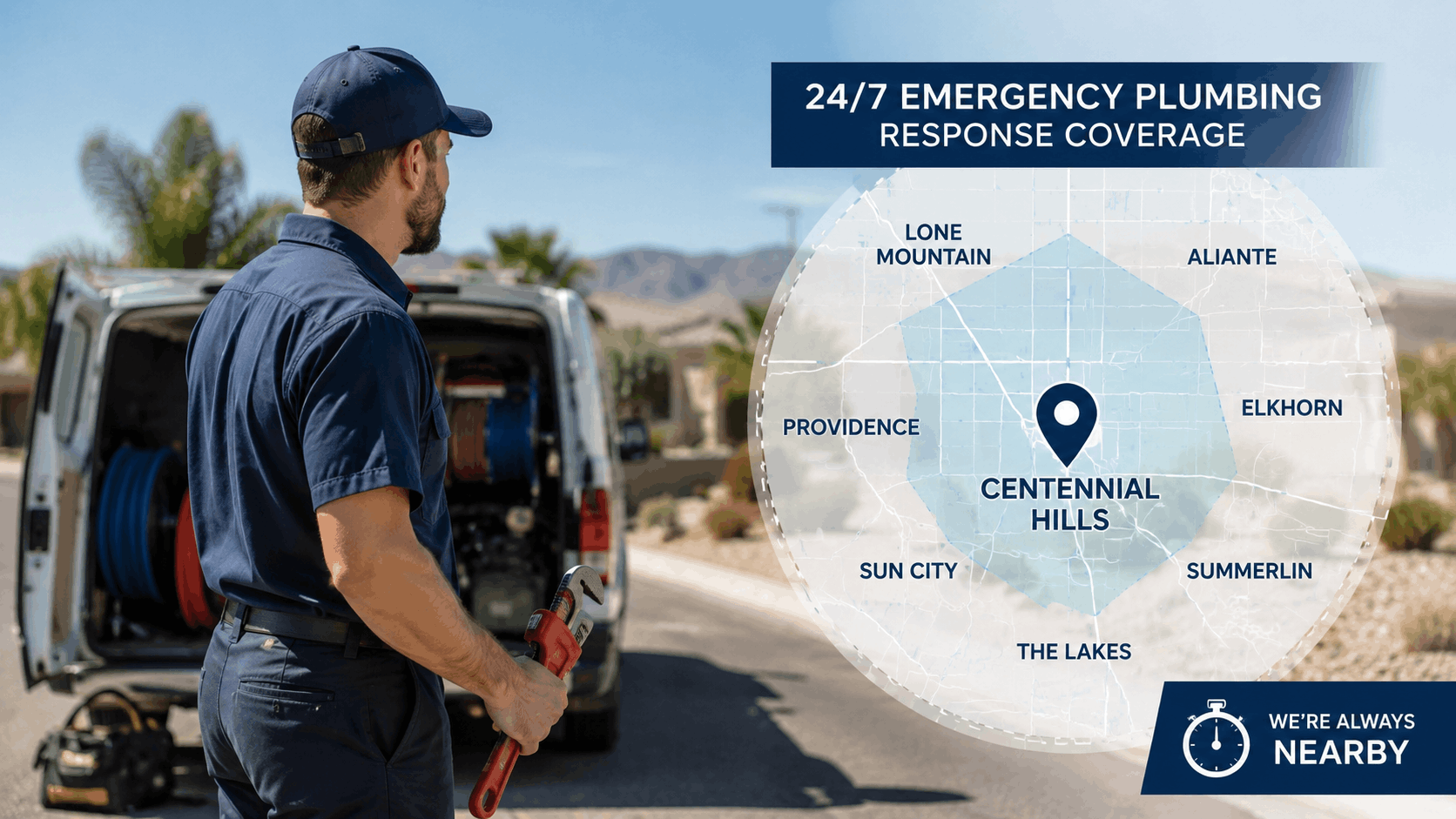 Plumber holding pipe wrench beside service van with Centennial Hills Las Vegas emergency coverage map