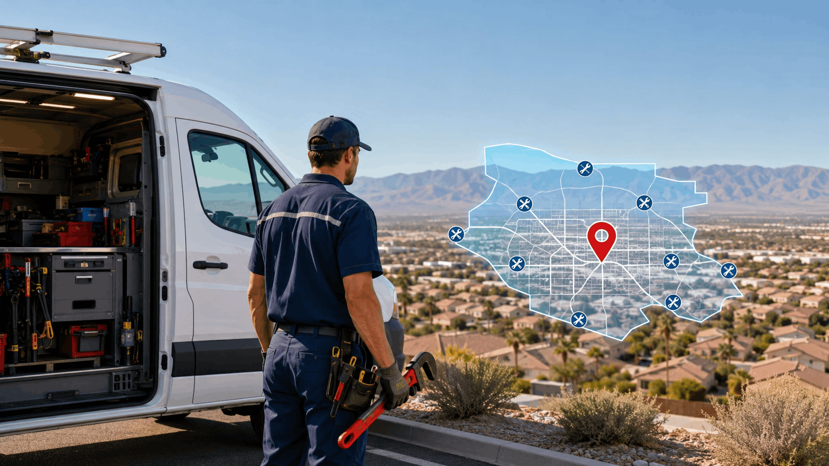Las Vegas plumber standing beside service van overlooking city with service area map