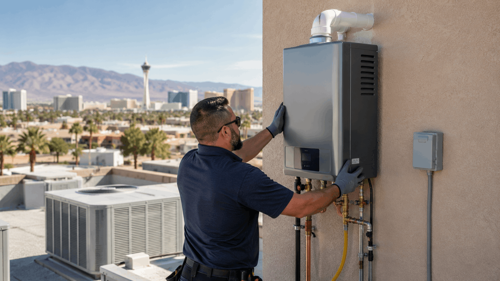 Las Vegas plumber installing tankless water heater with venting on exterior wall