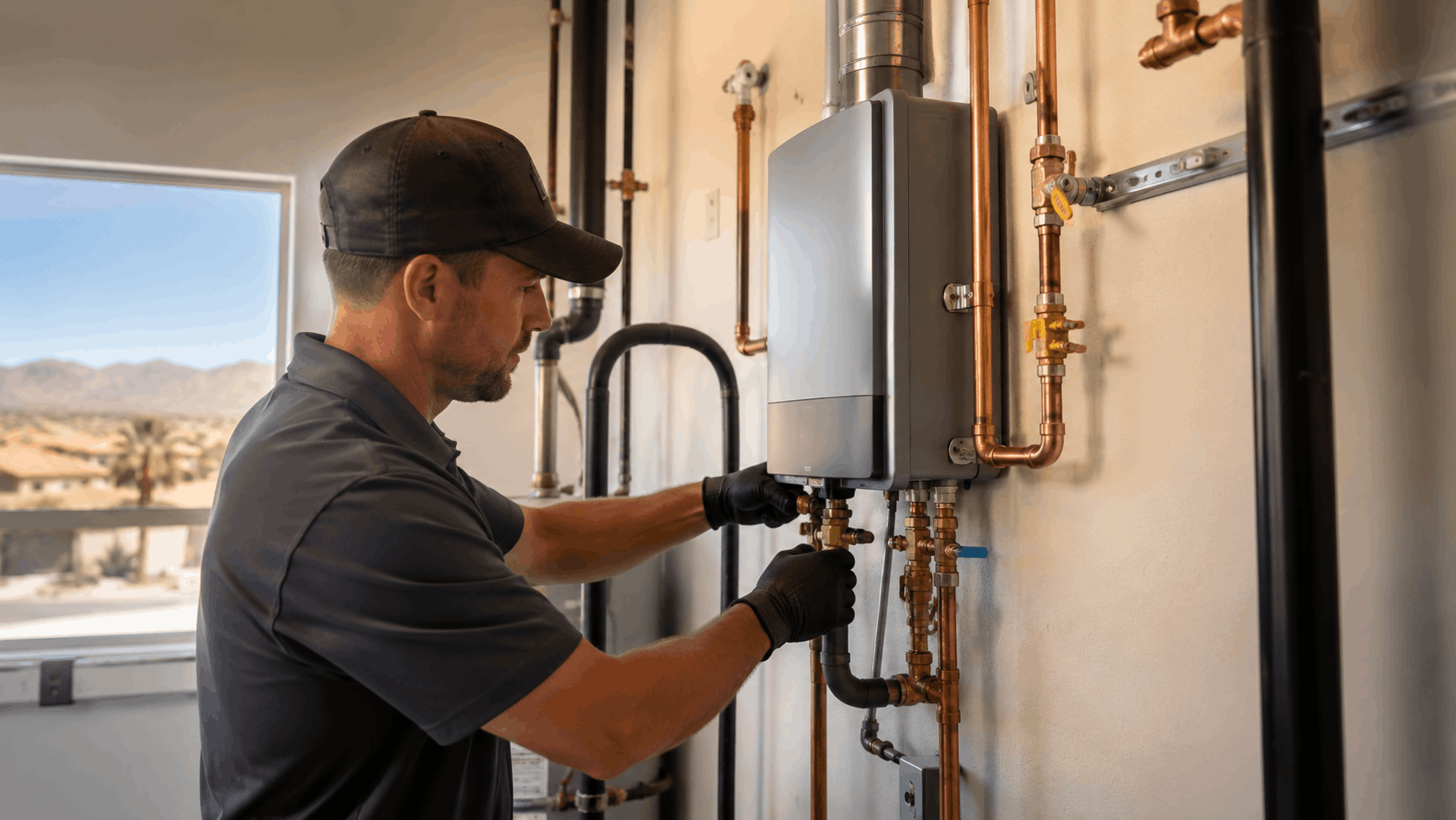 Plumber installing tankless water heater with copper pipes in Las Vegas desert home