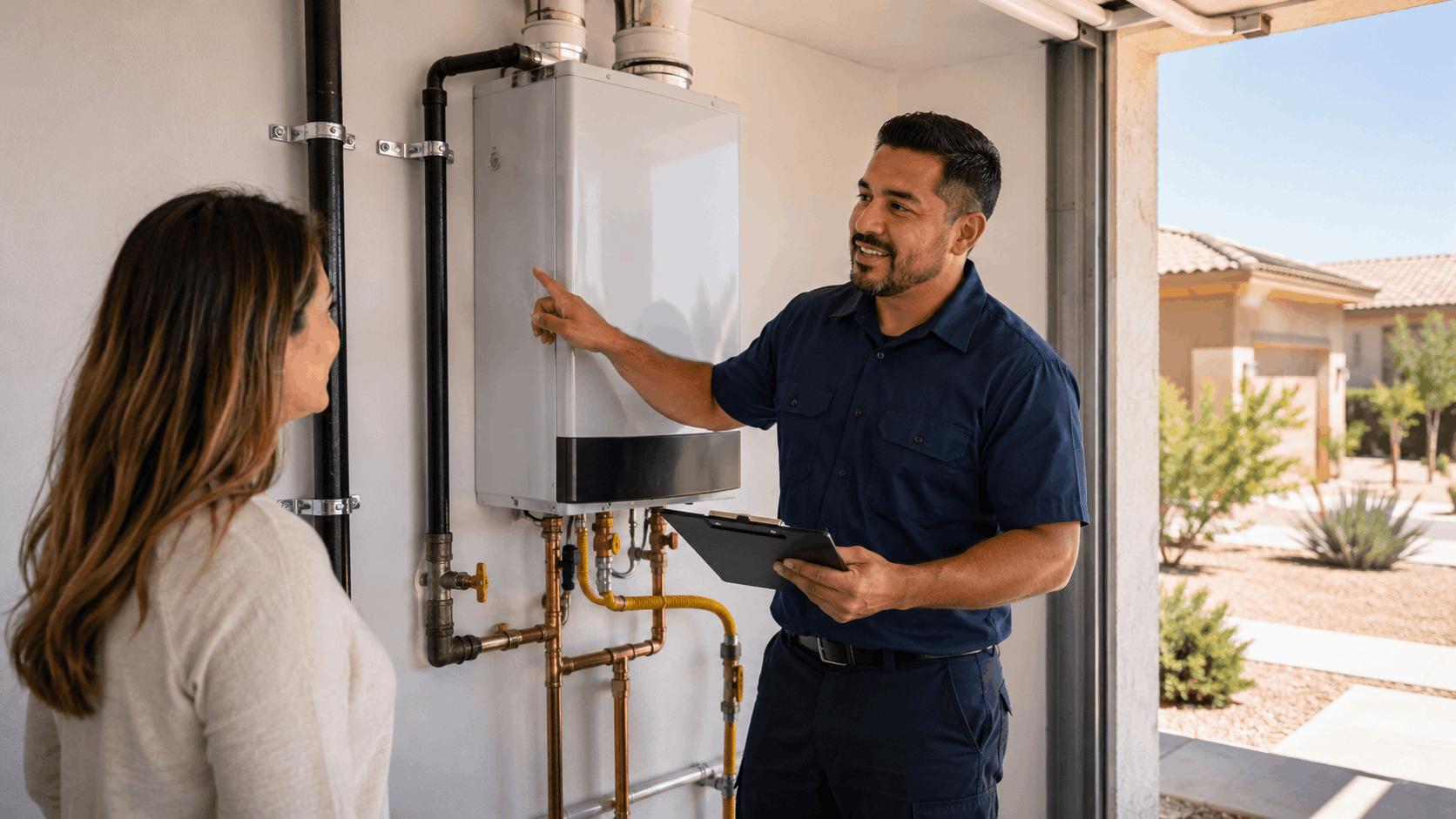 Plumber explaining tankless water heater installation to homeowner in Las Vegas garage