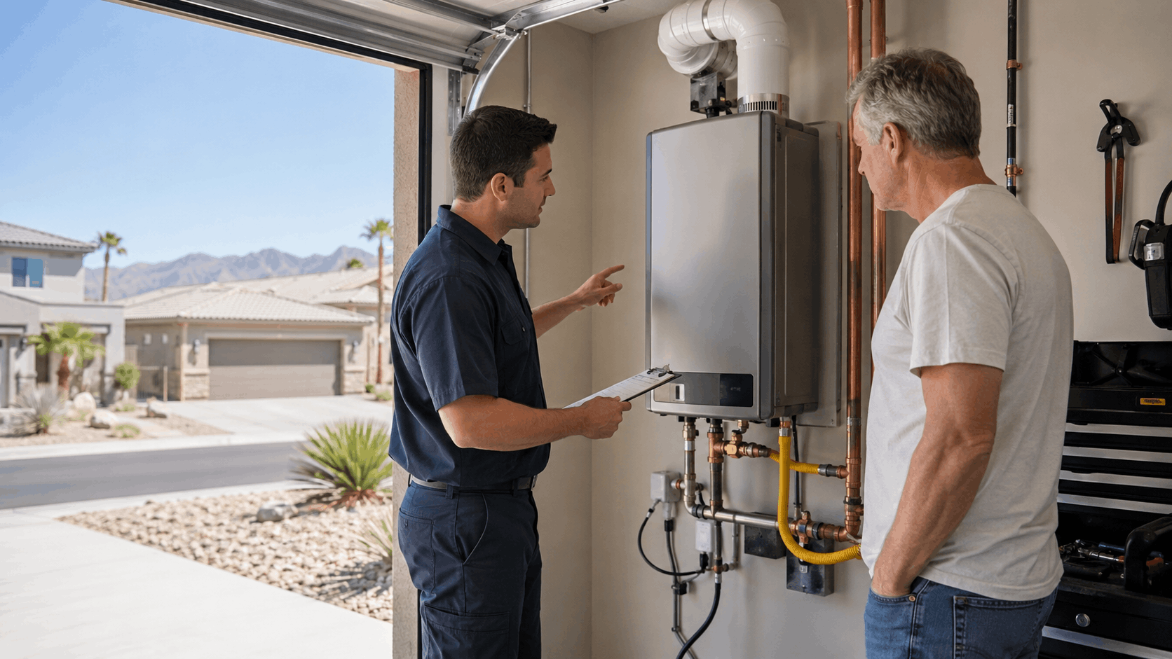 Plumber explaining tankless water heater installation to Las Vegas homeowner in garage