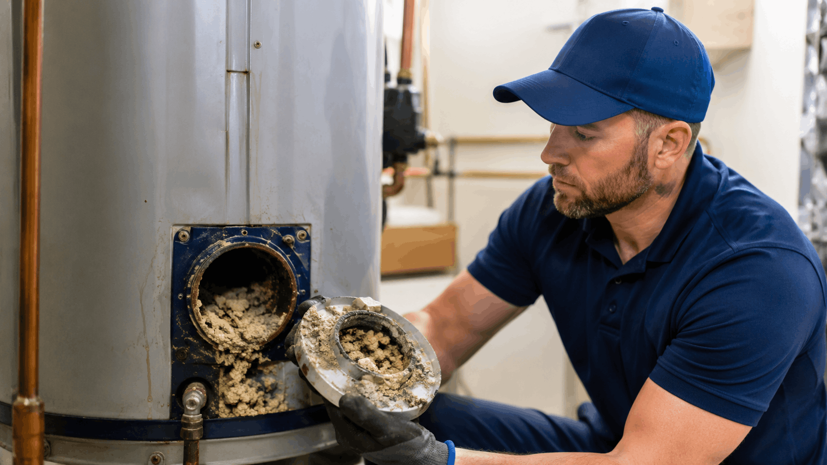 Plumber inspecting heavily scaled water heater element with mineral sediment buildup in Las Vegas home