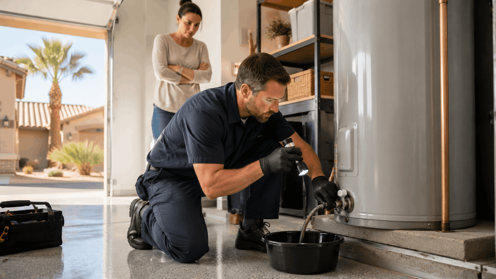 Plumber inspecting leaking water heater drain valve in Las Vegas garage with homeowner watching