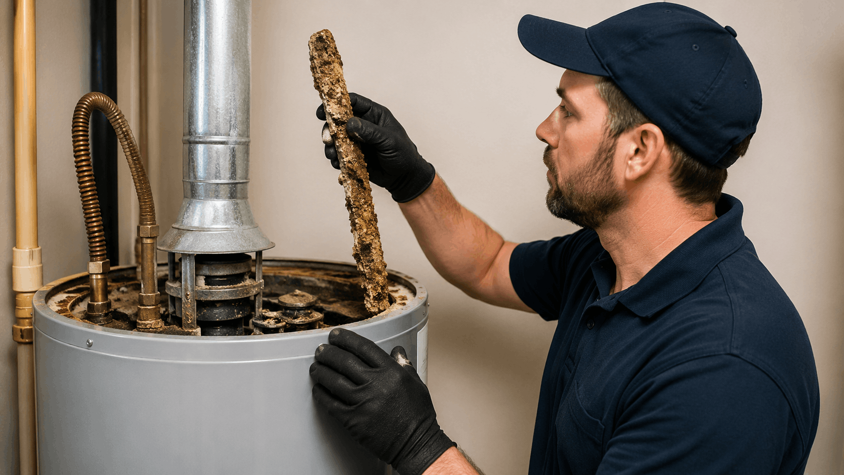 Plumber inspecting heavily corroded anode rod removed from Las Vegas water heater