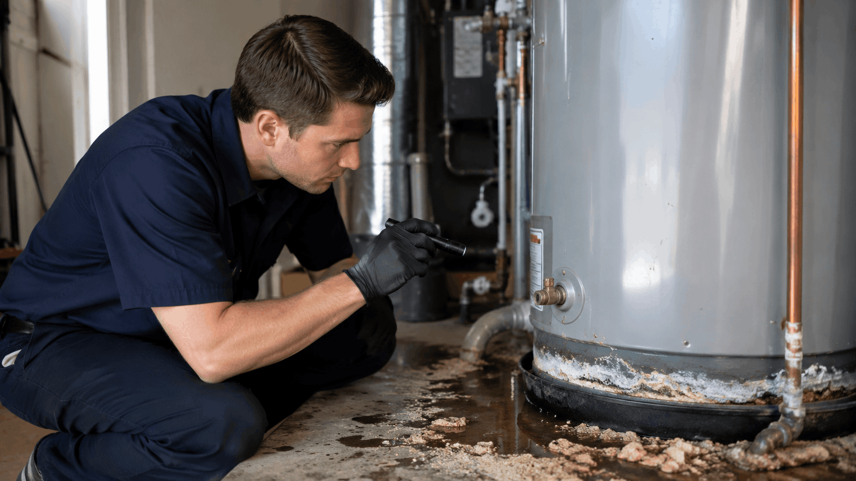 Plumber inspecting leaking water heater base with flashlight in Las Vegas home