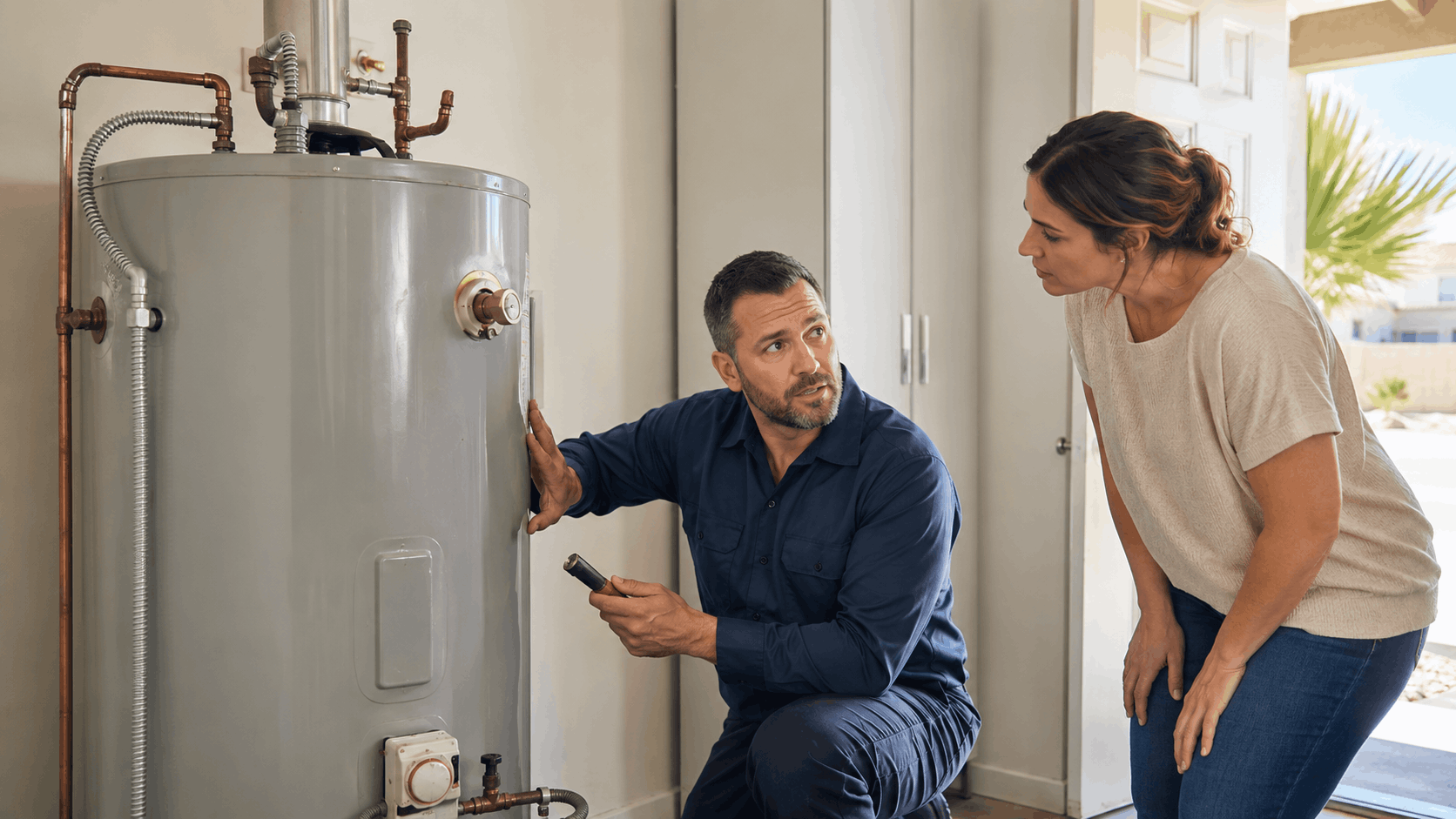 Las Vegas plumber inspecting water heater while explaining issue to homeowner