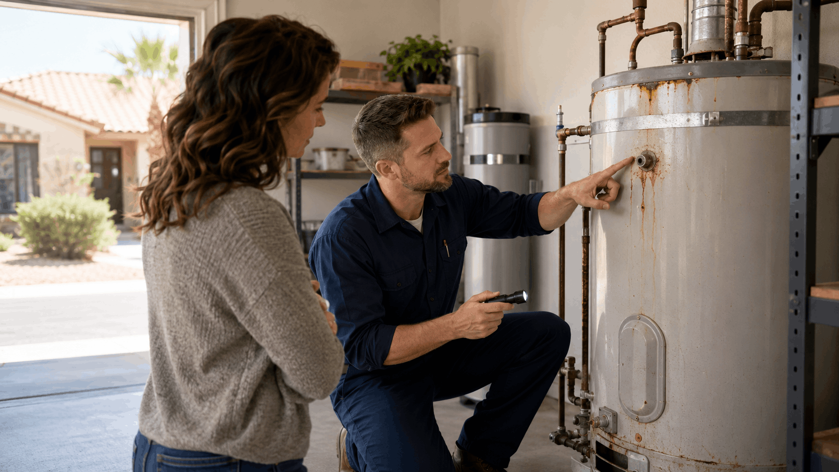 Plumber showing homeowner rust and mineral buildup on aging Las Vegas water heater