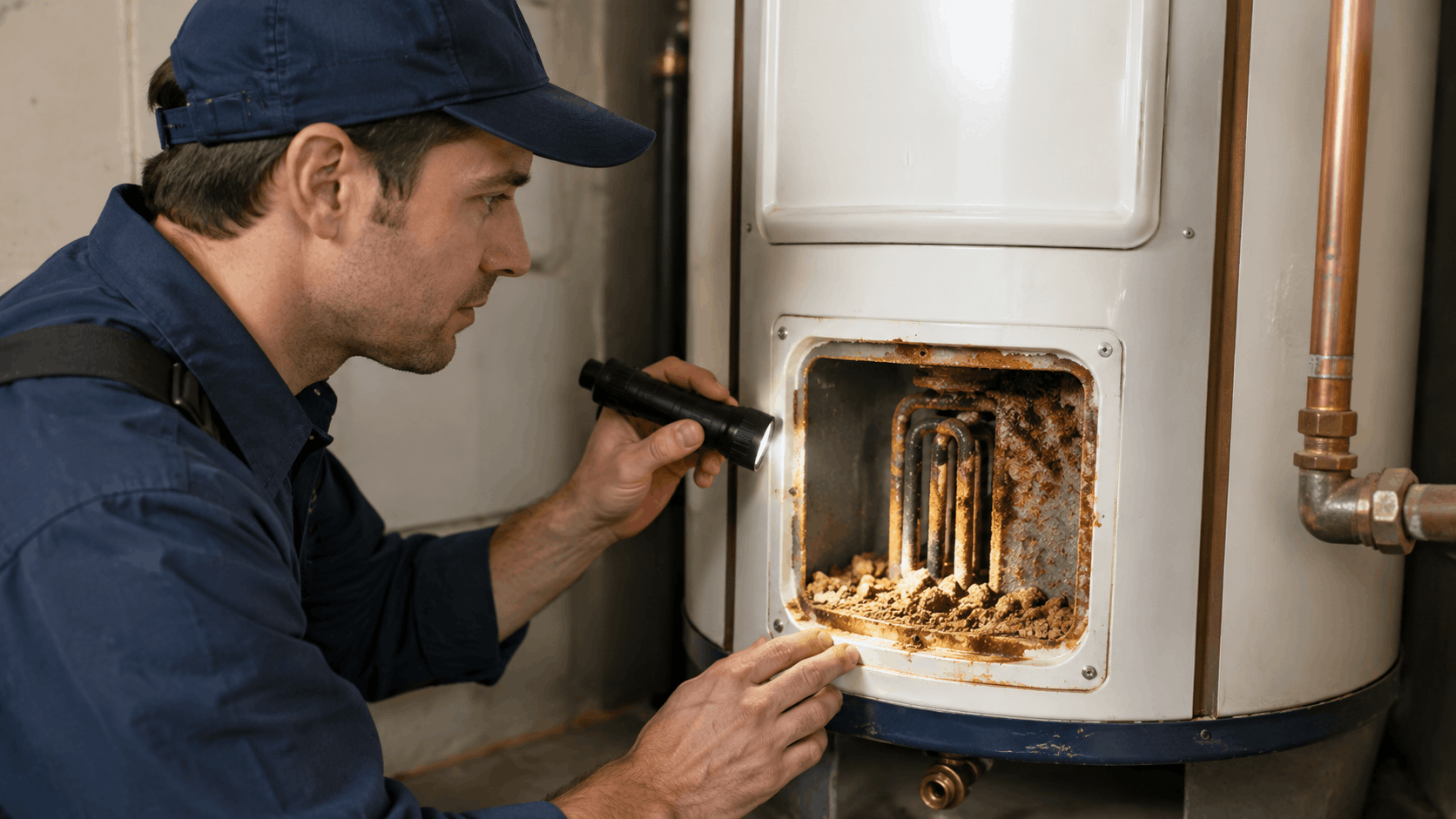 Plumber inspecting heavily corroded and rusted water heater burner assembly with flashlight
