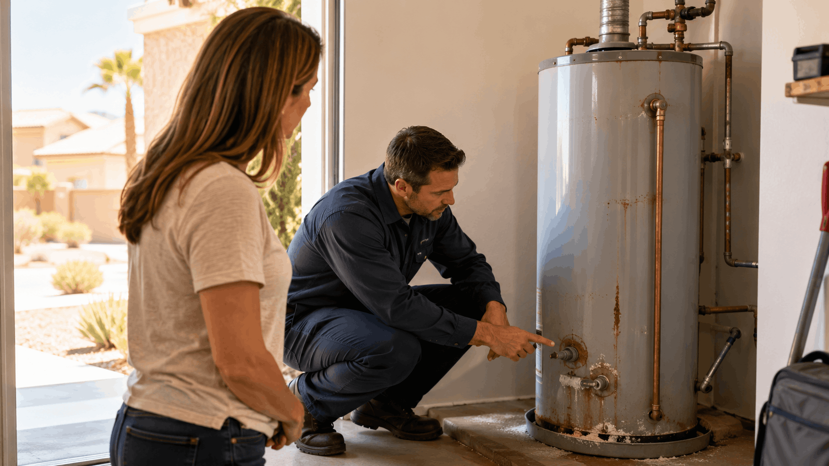 Plumber inspecting rusty aging water heater with Las Vegas homeowner in garage