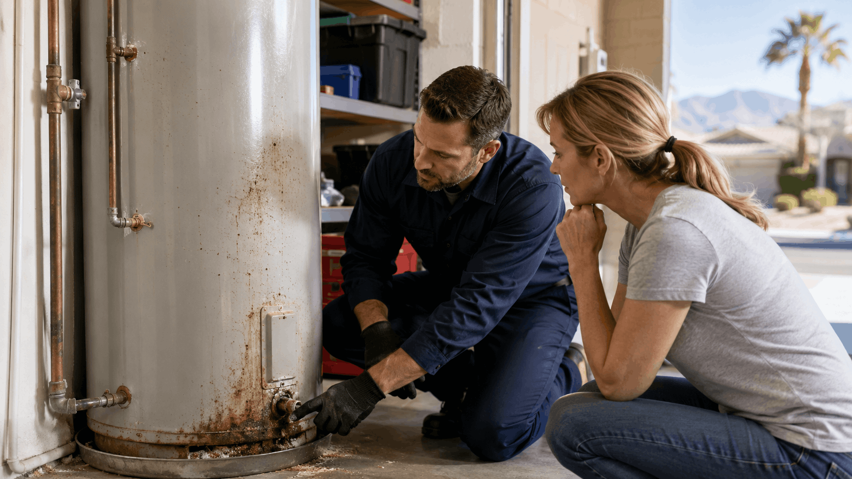 Plumber inspecting rusty water heater with Las Vegas homeowner in garage