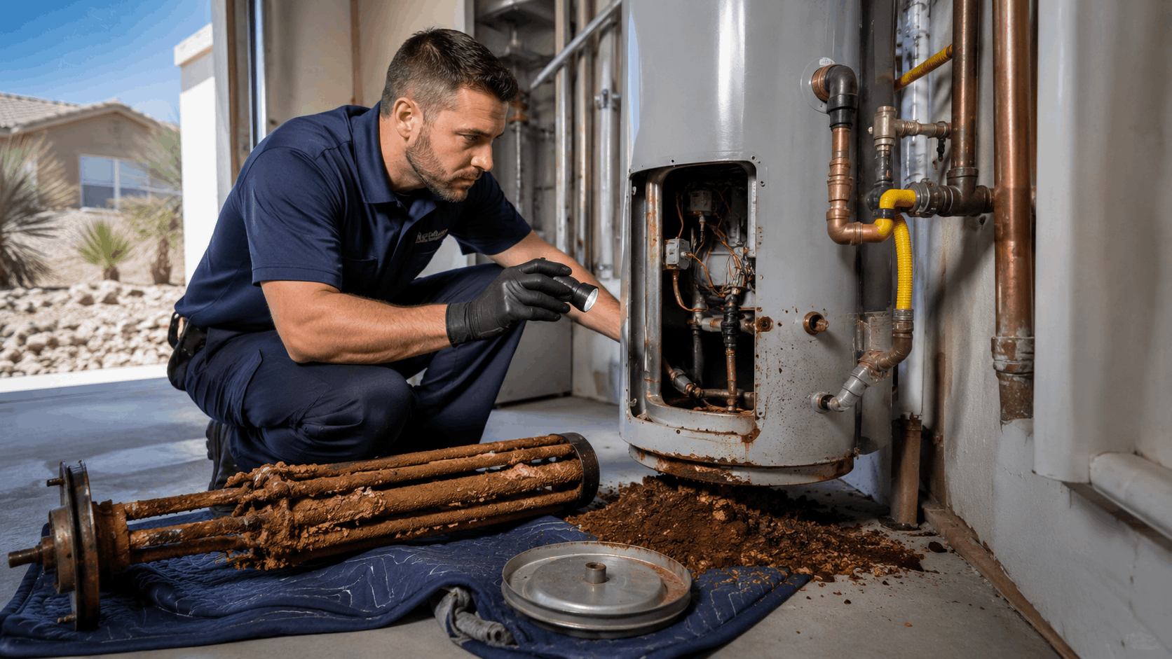 Las Vegas plumber inspecting rusty water heater with flashlight and corroded heating elements