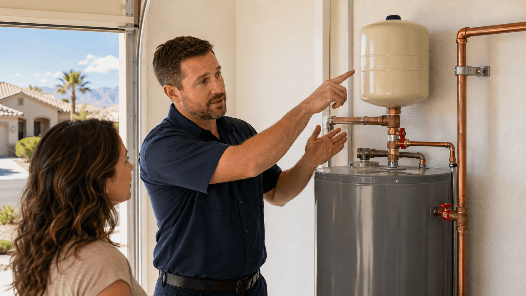 Plumber explaining closed plumbing system expansion tank to Las Vegas homeowner in garage