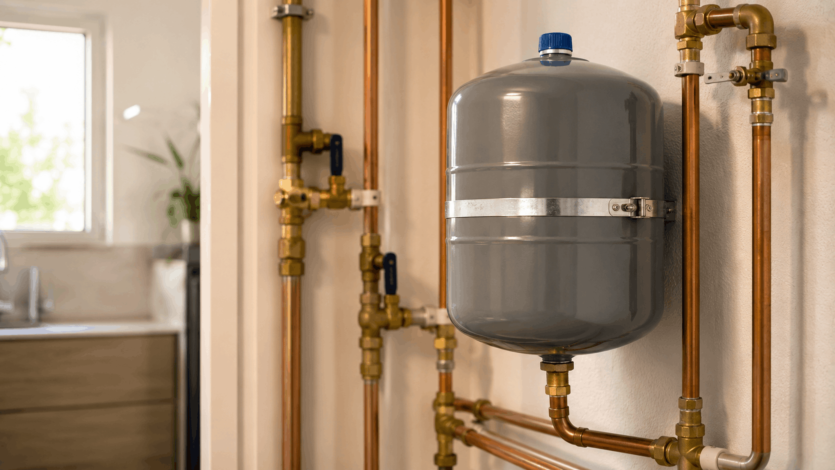 Gray expansion tank mounted on copper pipes with brass fittings and valves indoors