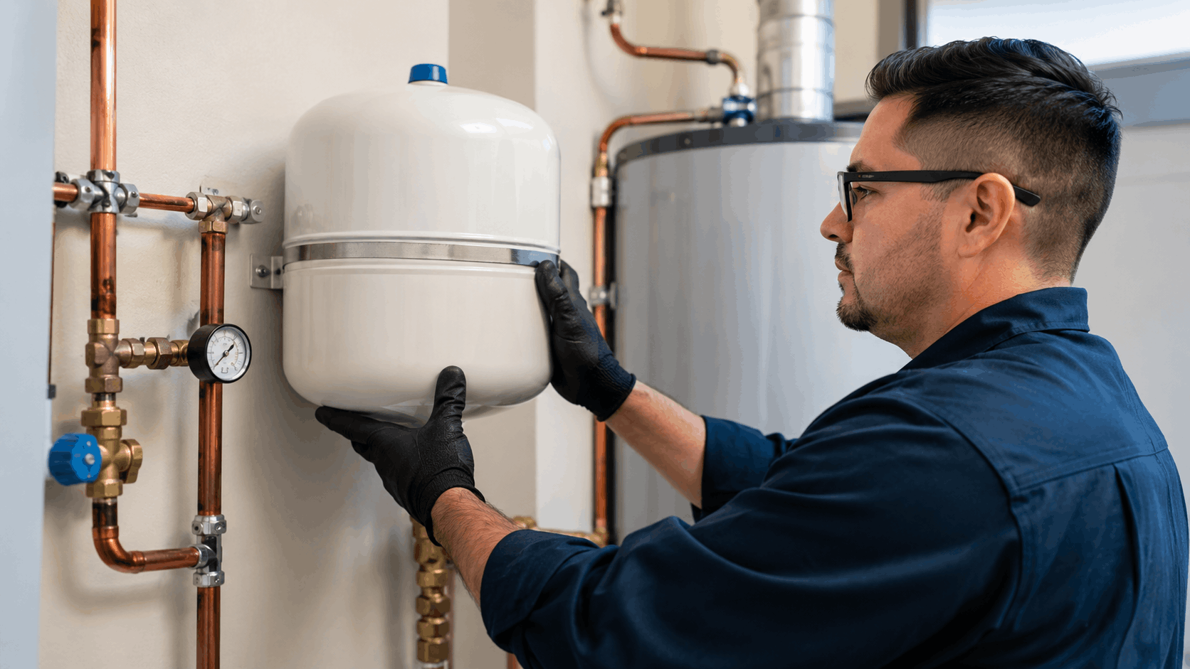 Plumber installing expansion tank on copper pipe water pressure system Las Vegas home