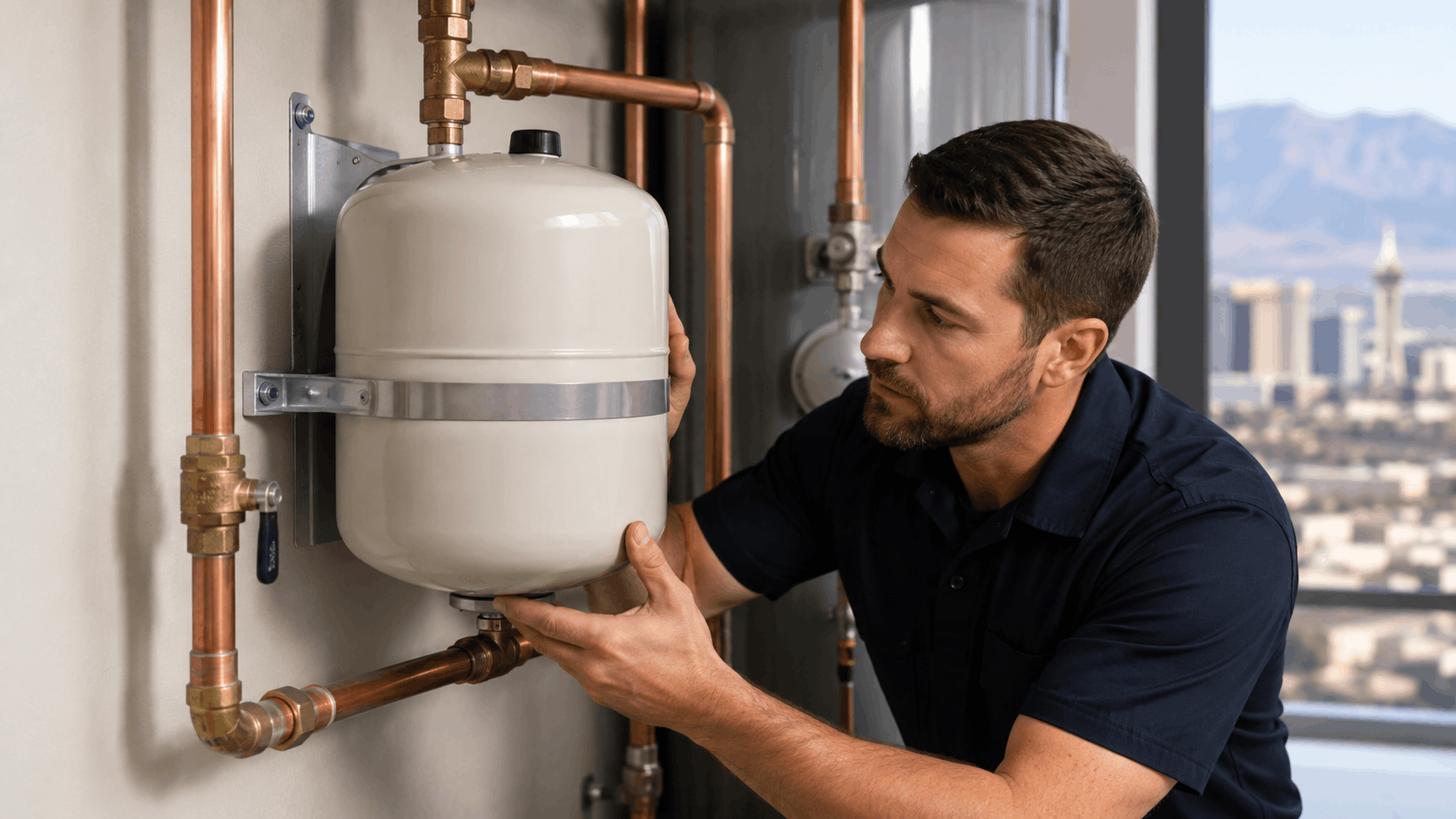 Plumber installing expansion tank on copper pipe system in Las Vegas building
