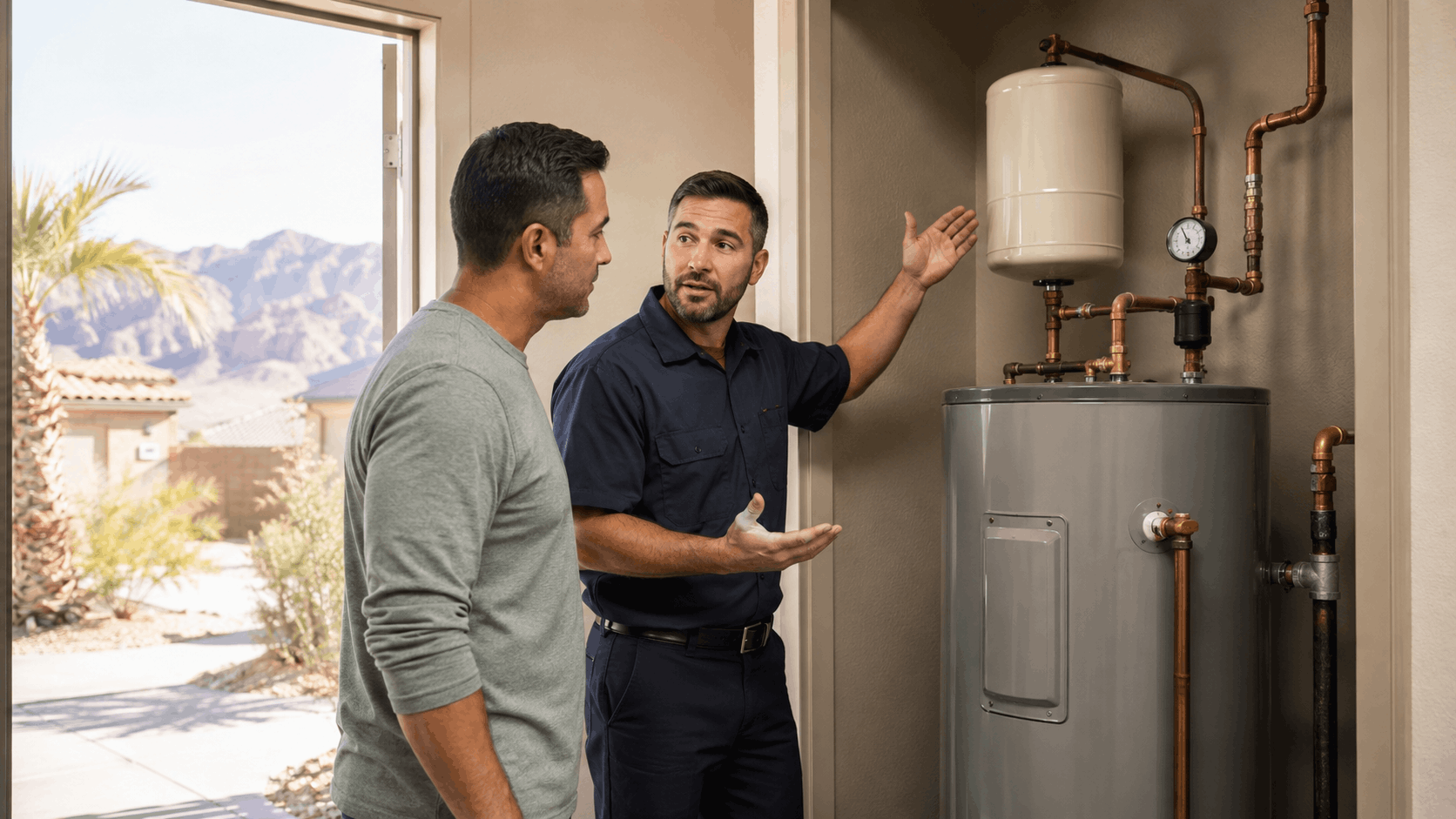 Plumber explaining water heater system to homeowner in Las Vegas desert home