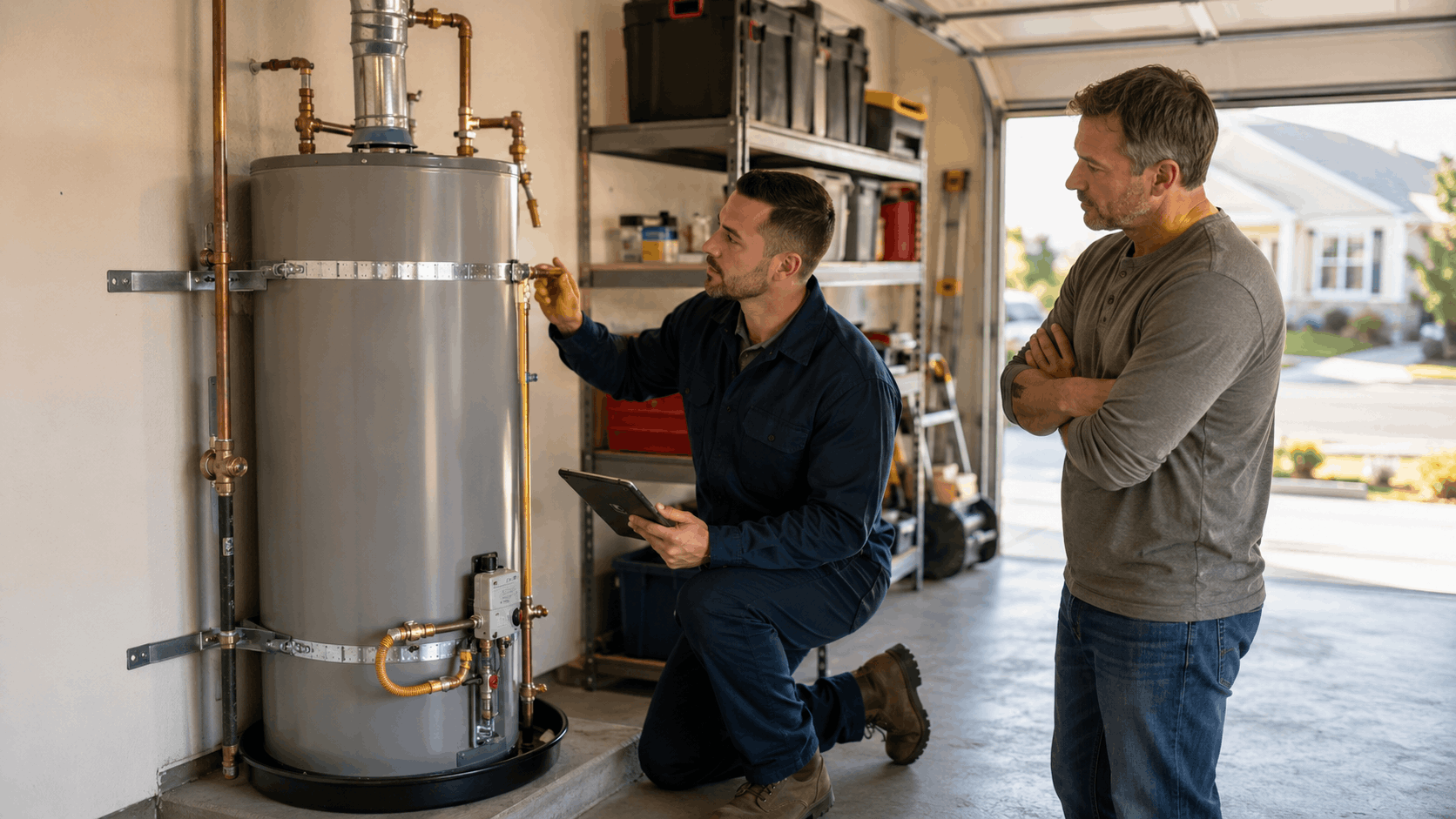 Plumber inspecting water heater with tablet while homeowner watches in garage