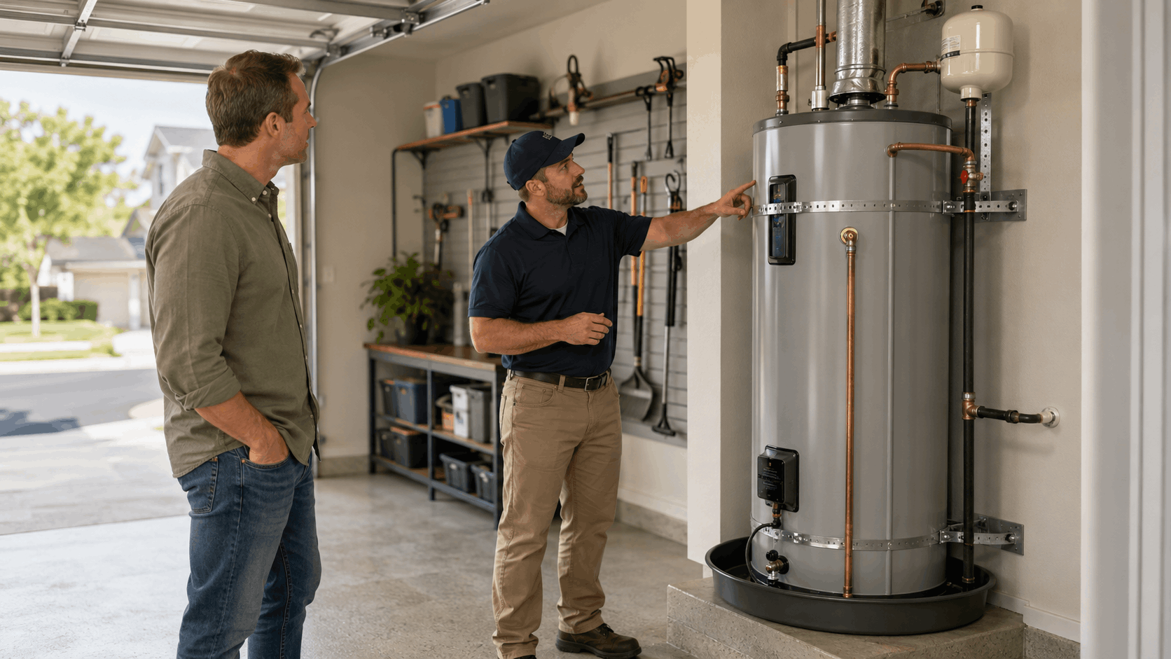 Plumber explaining water heater installation to homeowner in Las Vegas garage