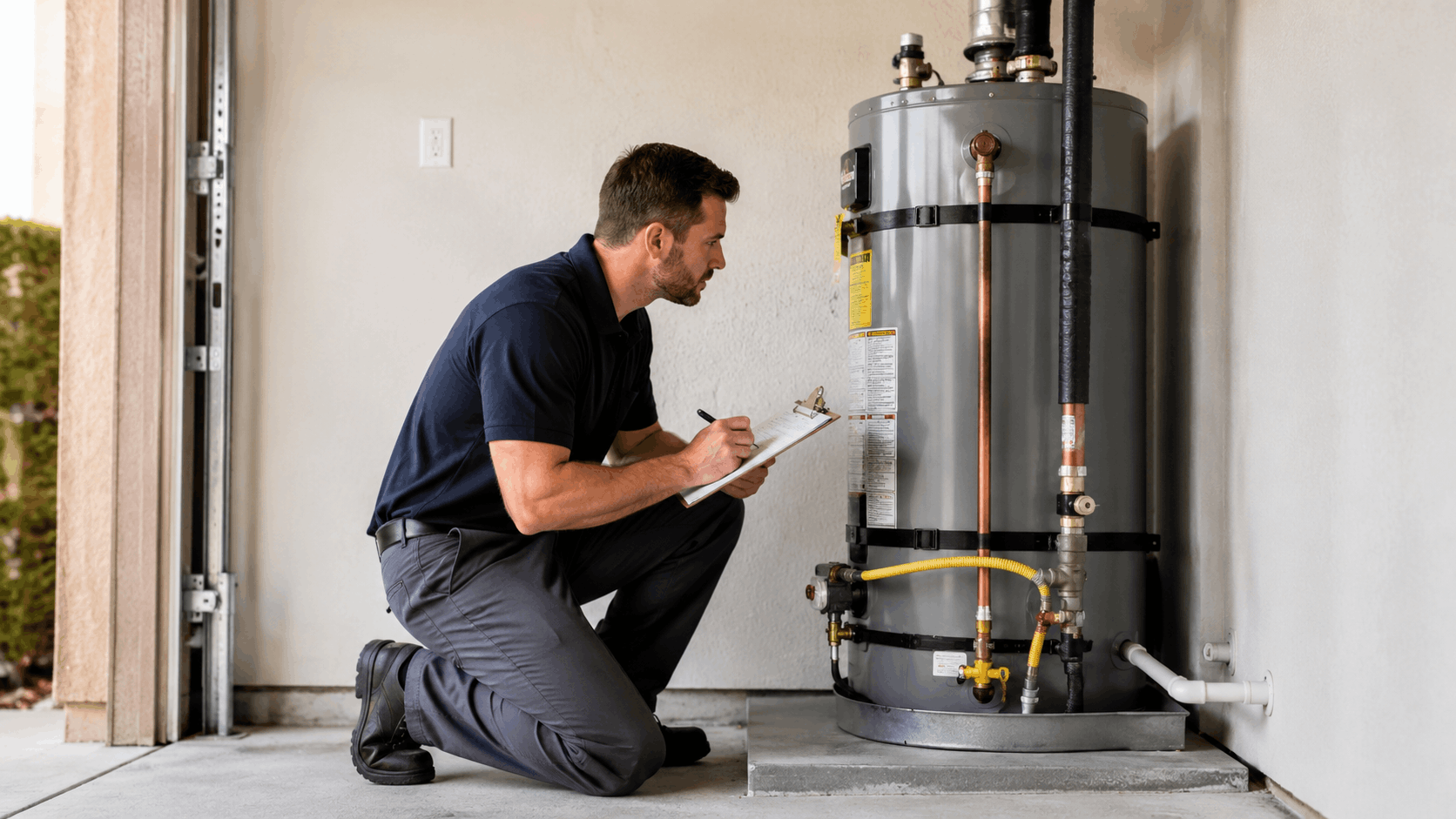 Plumber inspecting gas water heater installation in Las Vegas garage with clipboard