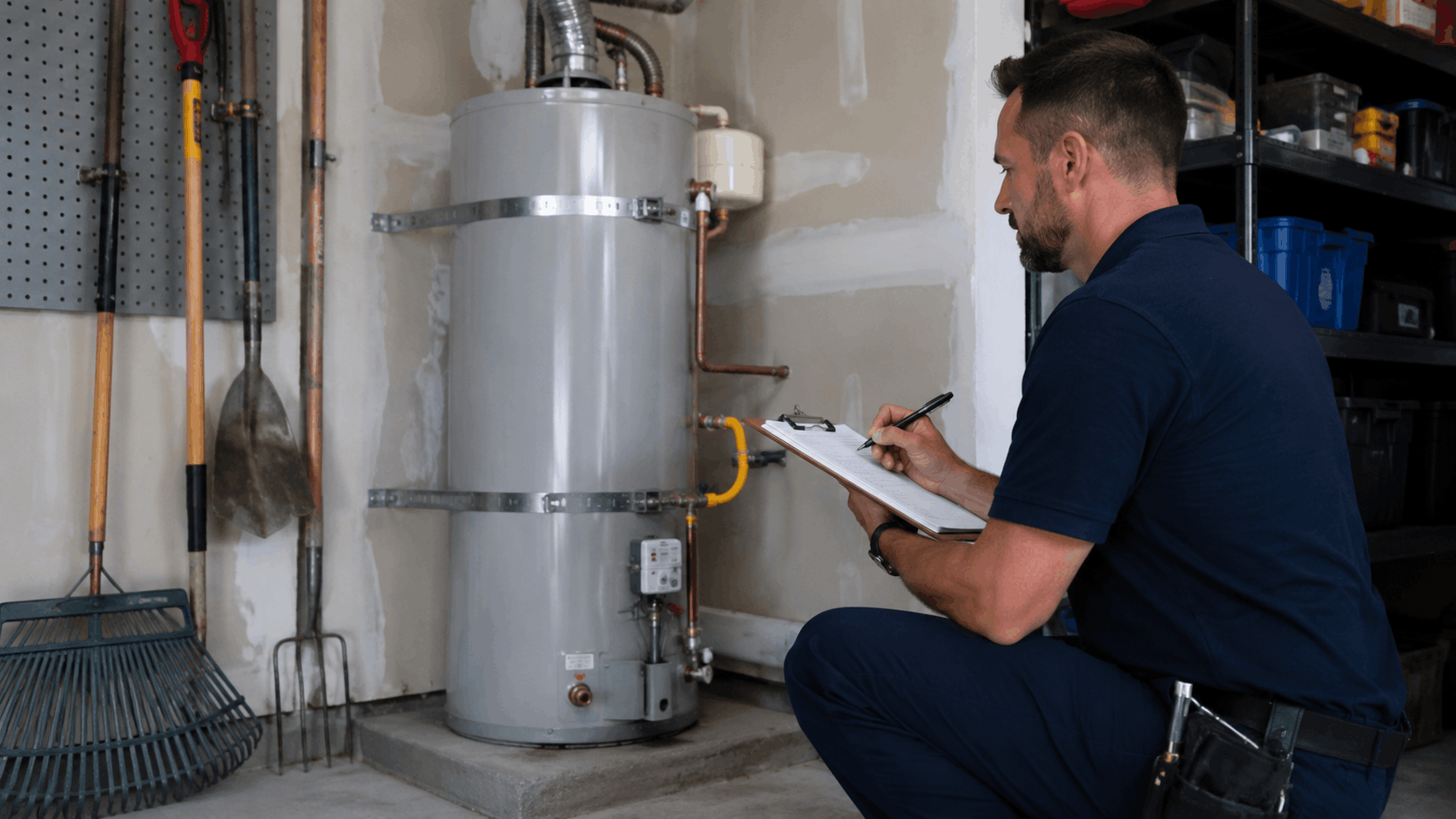 Plumber inspecting gas water heater in garage while taking clipboard notes