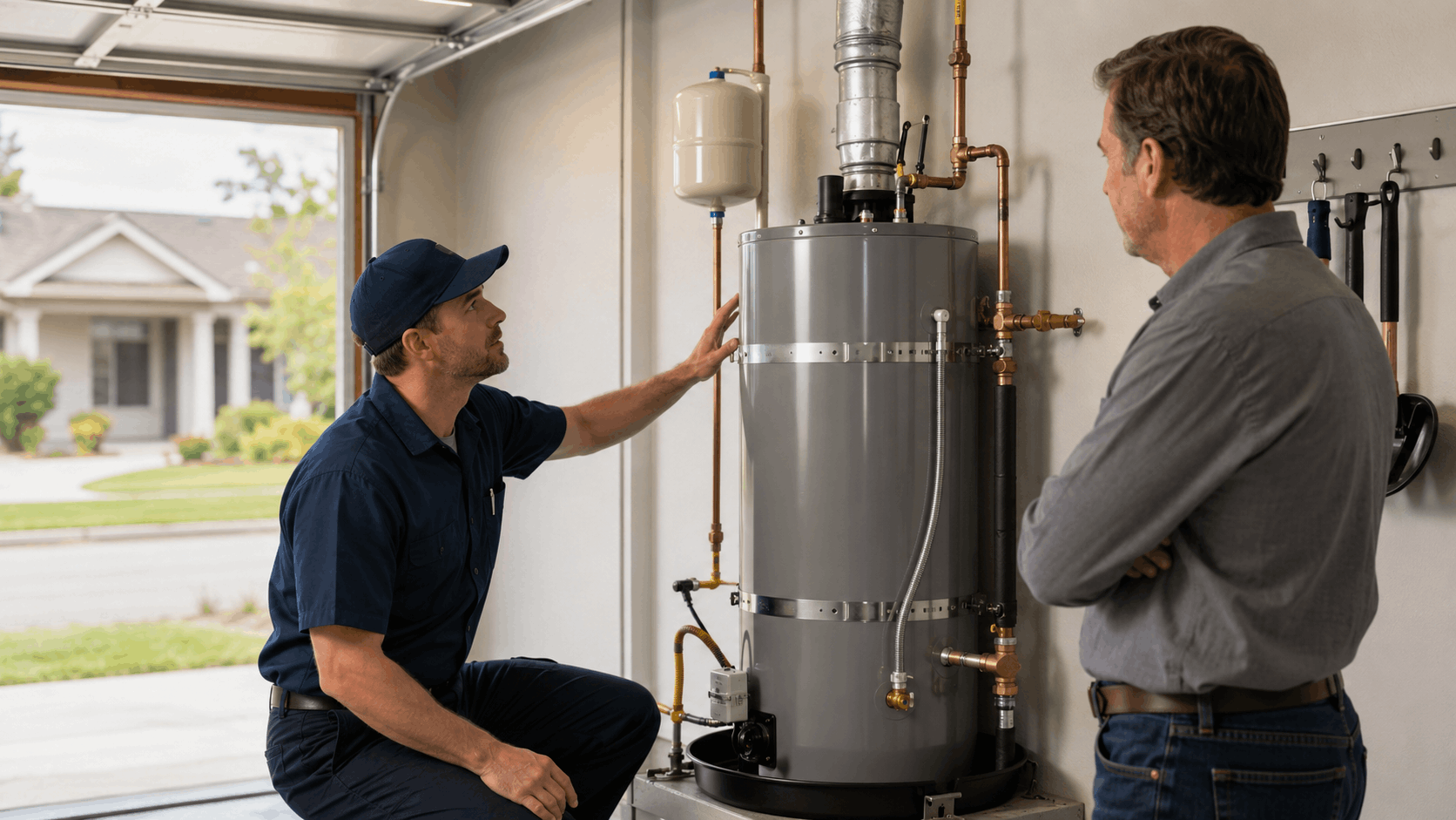Plumber inspecting residential water heater with Las Vegas homeowner in garage
