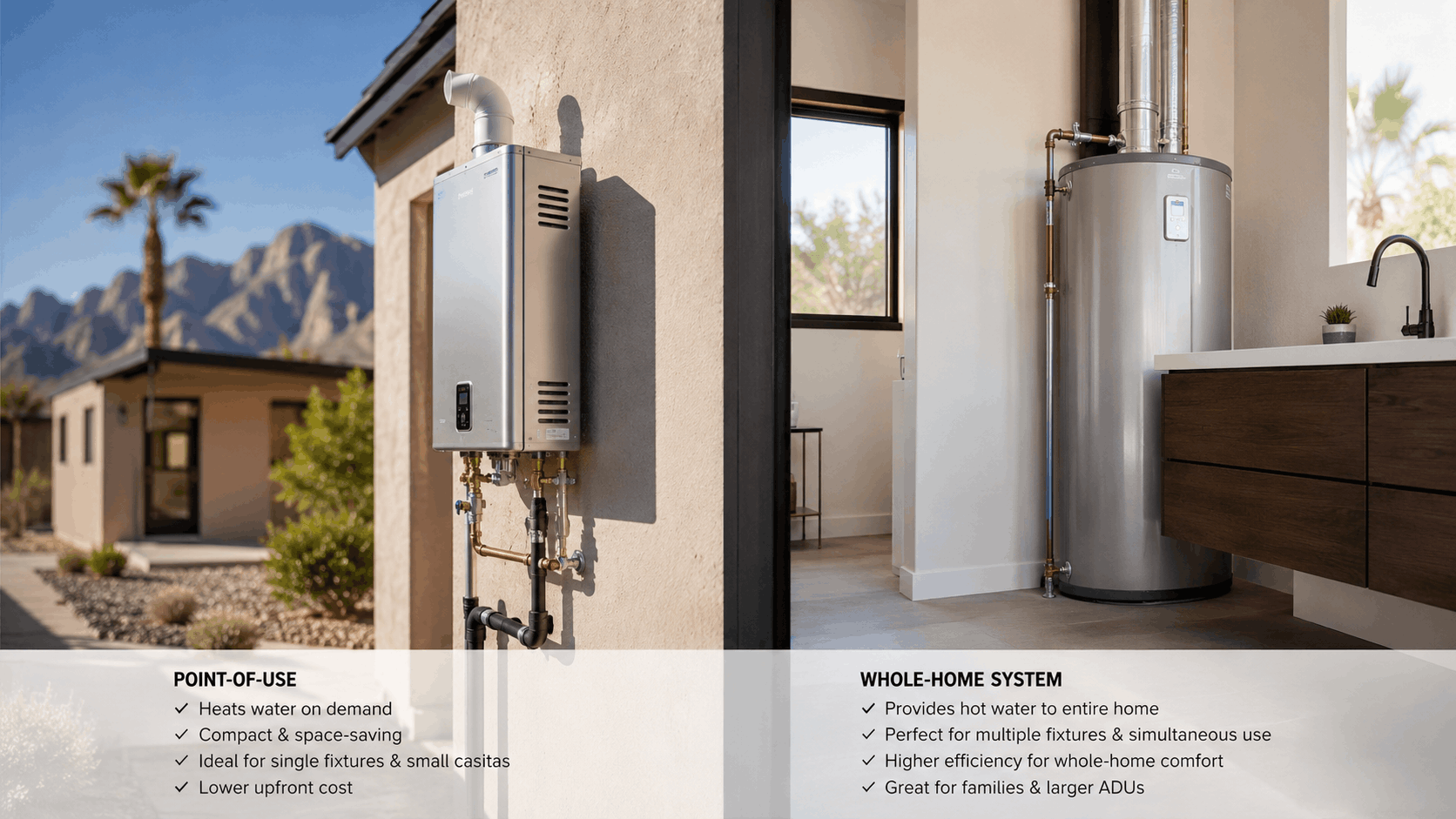 Tankless point-of-use water heater versus whole-home tank system comparison Las Vegas