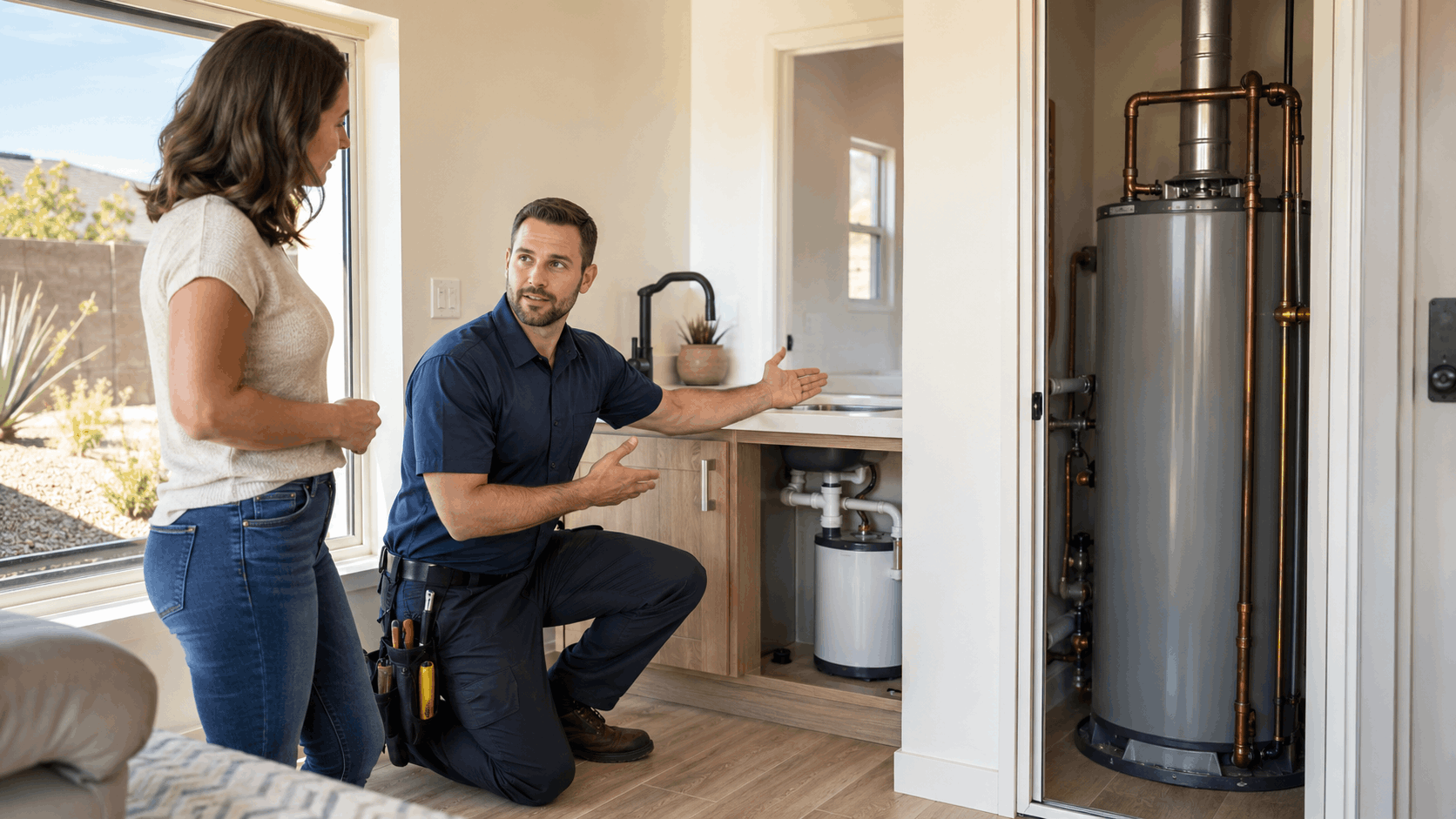 Plumber explaining water heater and plumbing options to Las Vegas homeowner near ADU sink