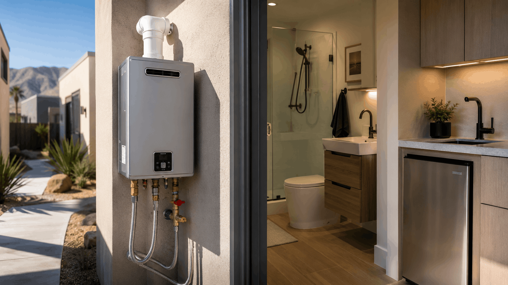 Outdoor tankless water heater mounted on stucco wall of modern Las Vegas ADU