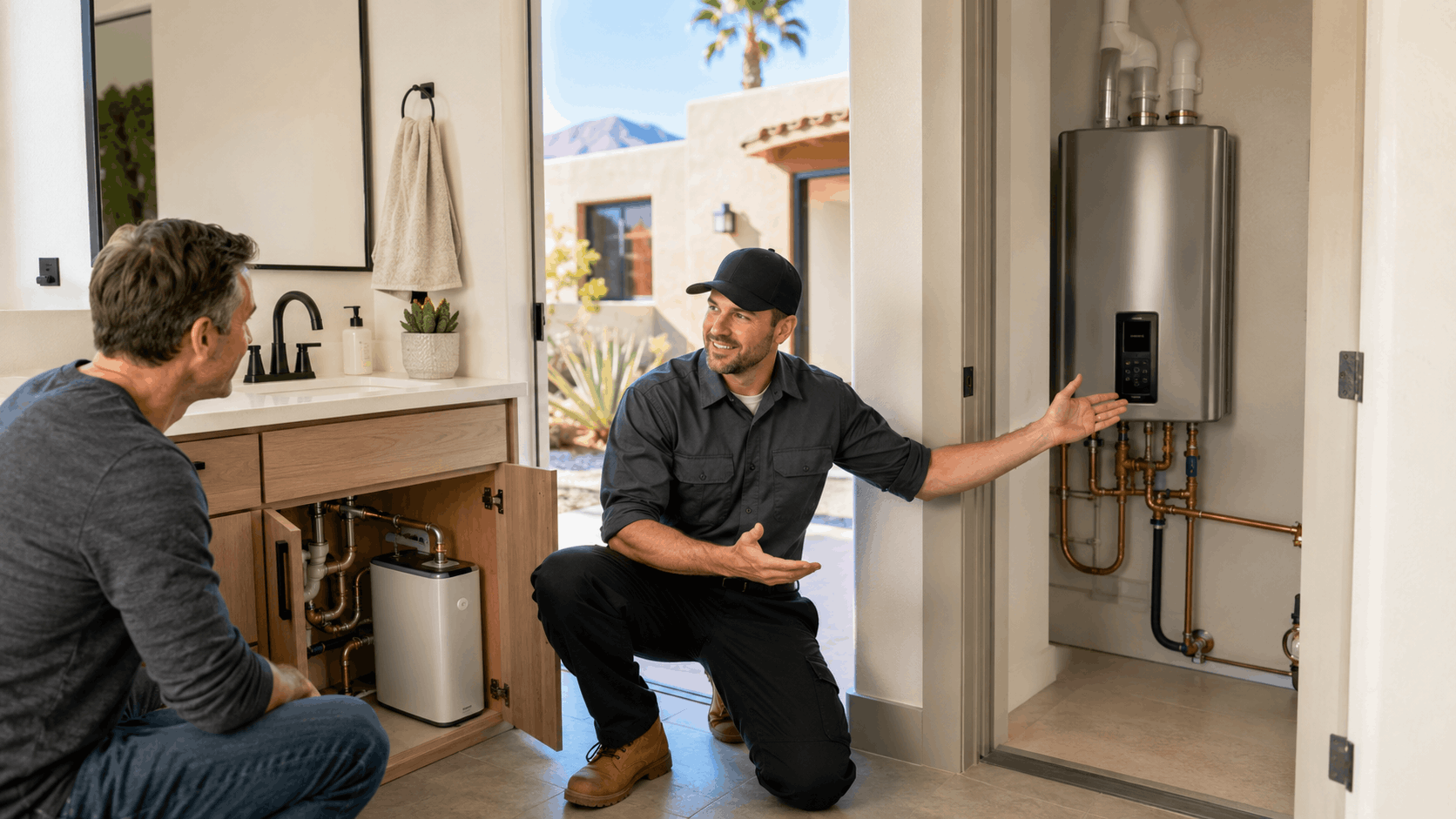 Plumber explaining tankless water heater installation to Las Vegas homeowner in bathroom