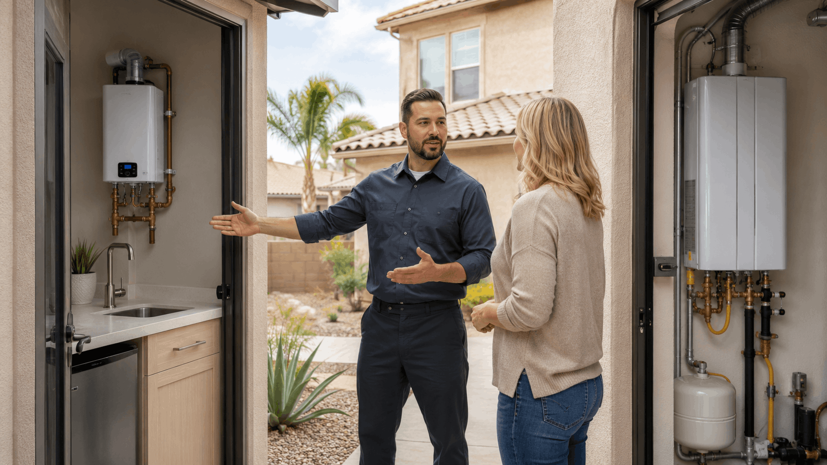 Plumber explaining tankless water heater options to homeowner at Las Vegas residence