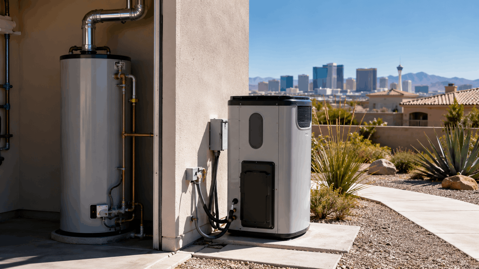 Gas water heater and heat pump water heater installed outside Las Vegas home