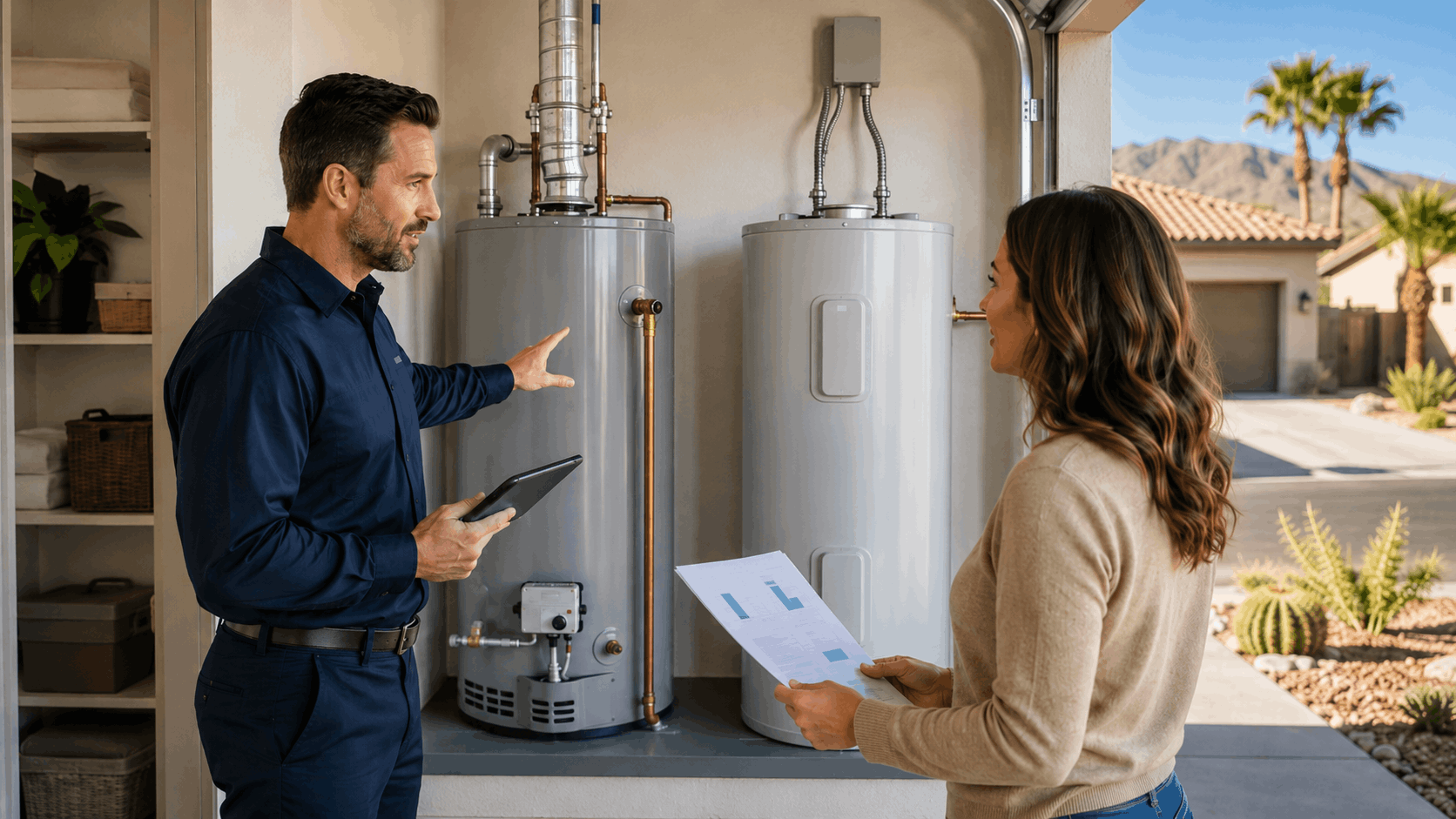 Plumber explaining Southwest Gas water heater options to Las Vegas homeowner in garage