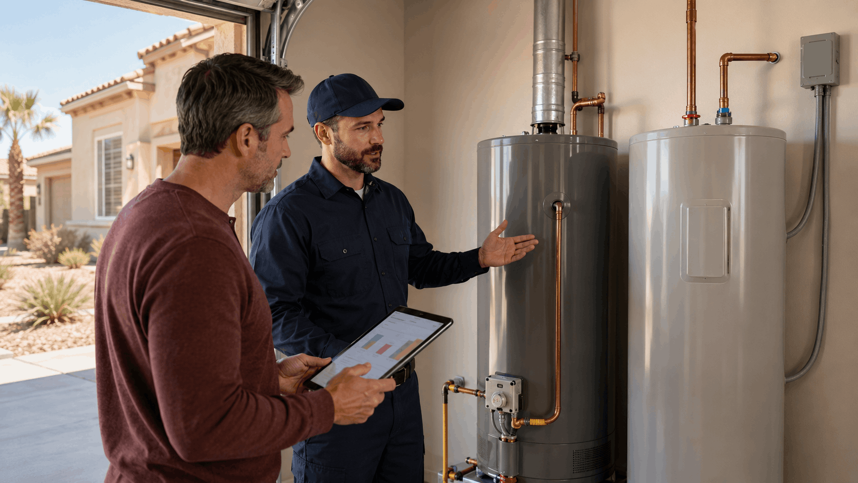 Plumber explaining water heater installation costs to Las Vegas homeowner in garage